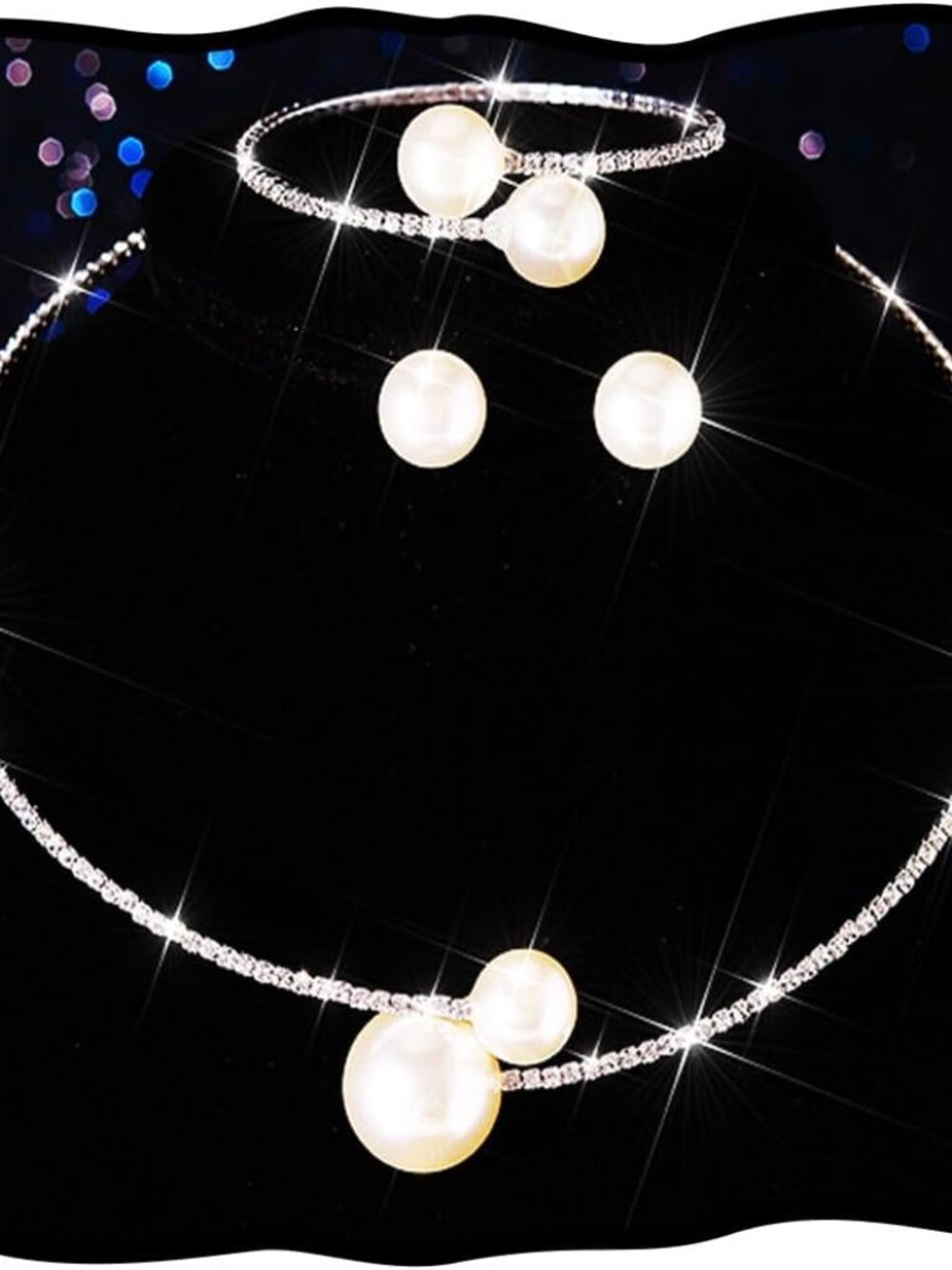 Pearl Bridal Wedding Jewelry Set Silver Rhinestone Necklace Bracelet Set Prom Ne